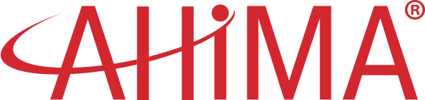 Ahima Logo - Red sans-serif type with swoosh across letters A, H, and i