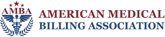 American Medical Billing Association Logo - Maroon and navy blue serif type with caduceus icon to left