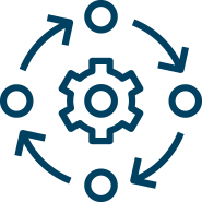 Process Icon - Dark blue gear with surrounding circles and connecting arrows