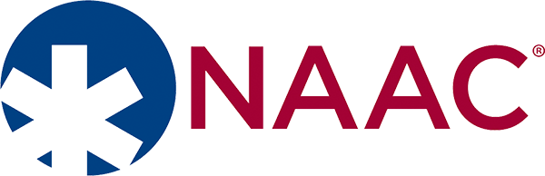 NAAC Logo - Burgundy sans-serif type with blue circle with white asterisk inside to left